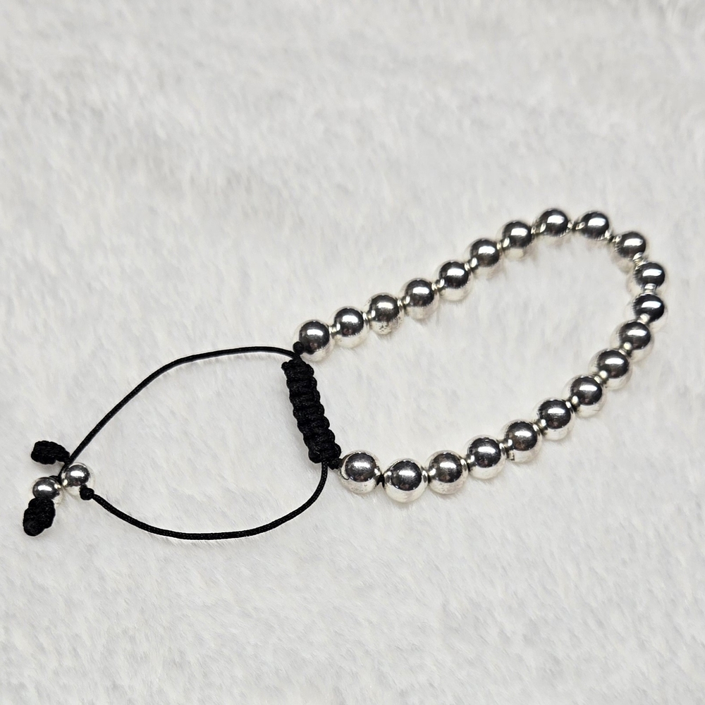 Silver Beaded Bracelet with Adjustable Black Cord